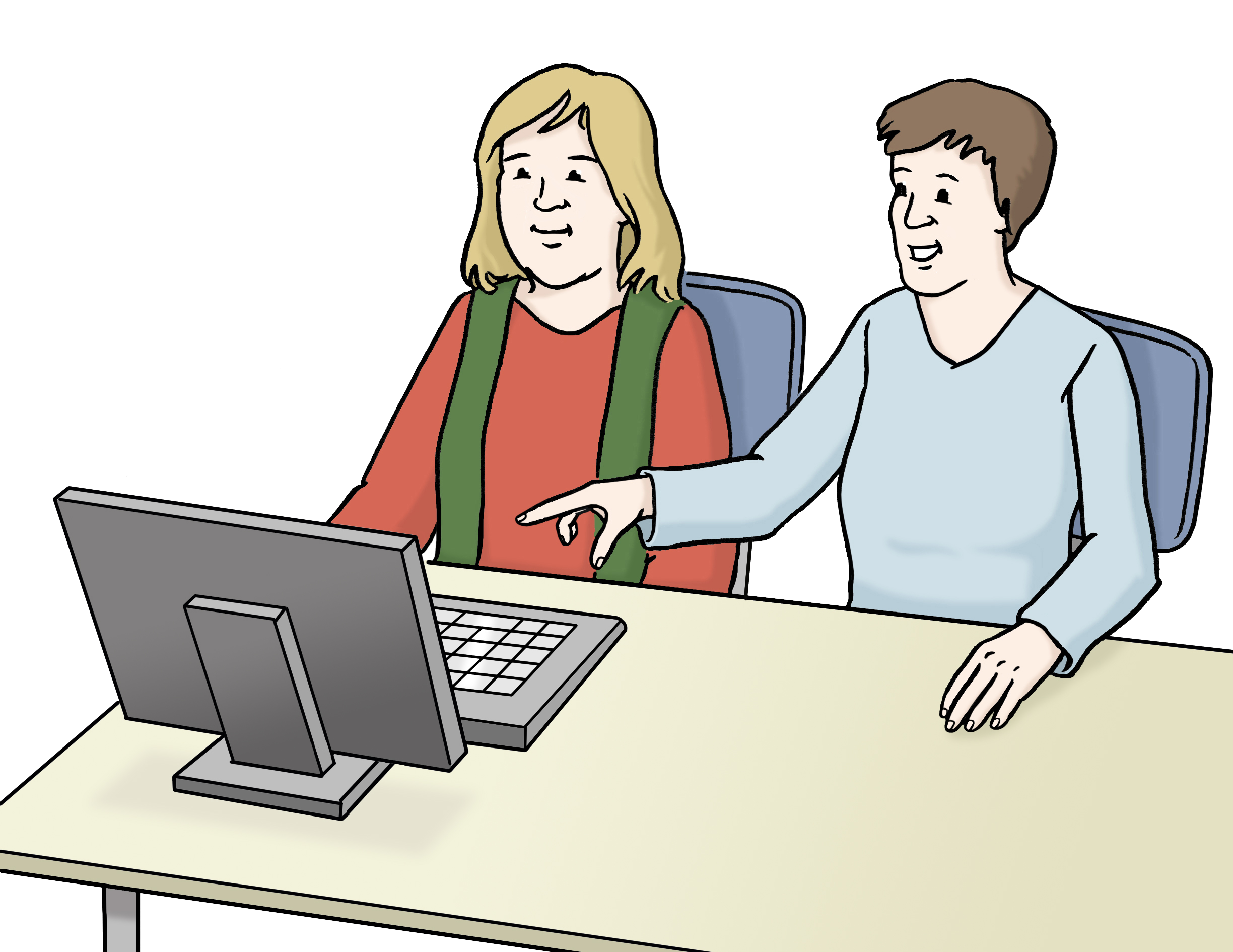 Zwei Personen sitzen vor einem Computer