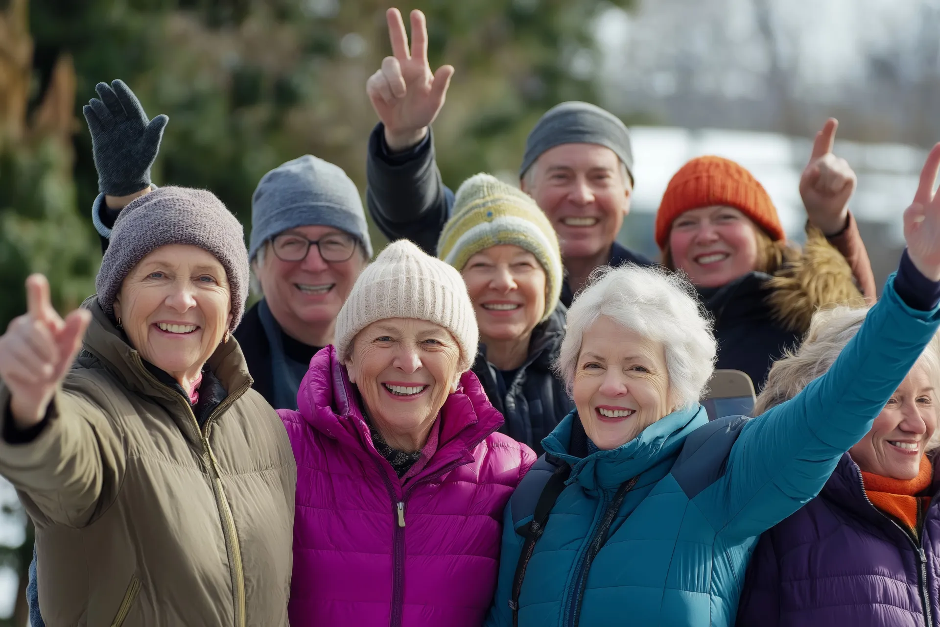 Gruppe lachender Senior:innen und pflegenden Angehörigen