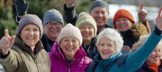 Gruppe lachender Senior:innen und pflegenden Angehörigen
