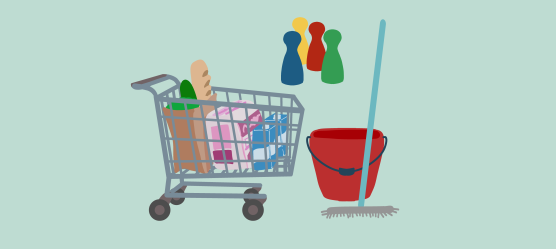 Einkaufswagen, Putzeimer und Spielfiguren