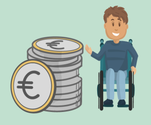 Grafik: Ein Stapel Euromünzen neben einem Kind im Rollstuhl